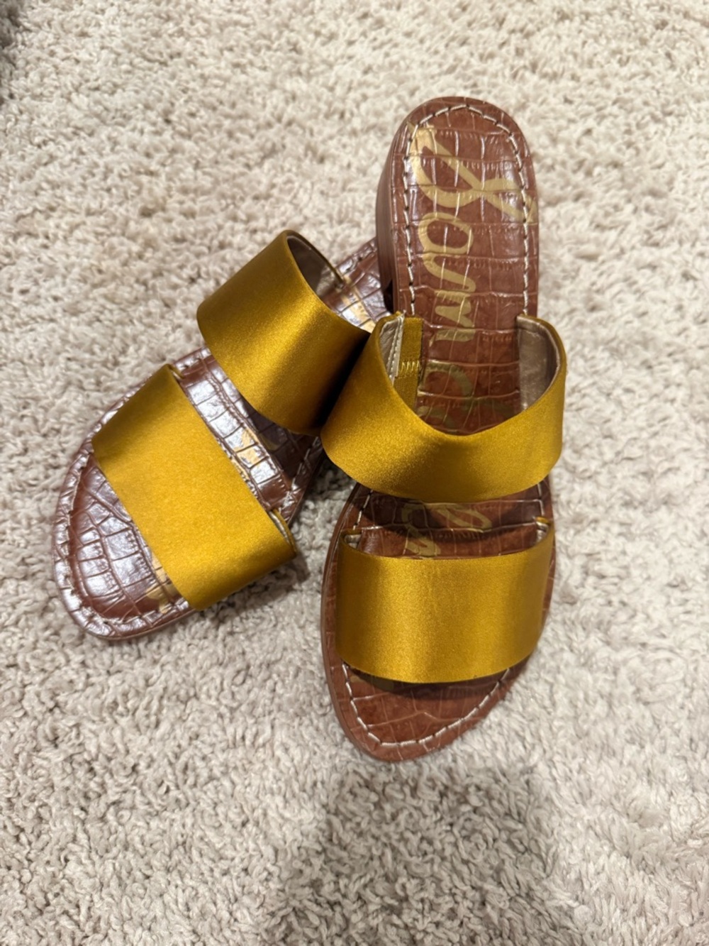 Sam Edelman Gold Satin Double-Strap Slide Sandals